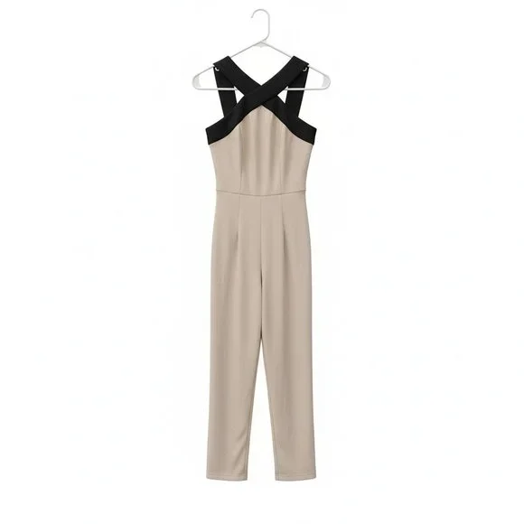 KOH KOH Colorblock Criss-Cross Halter Neck Sleeveless Jumpsuit Beige & Black S - Picture 4 of 6